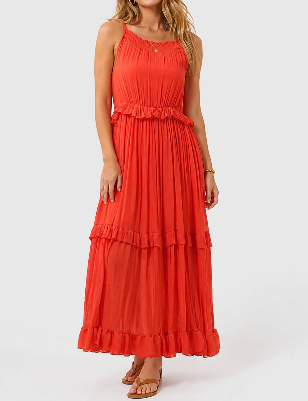 Boho Ruffle Tiered Hem Sleeveless Solid Color Maxi Dress