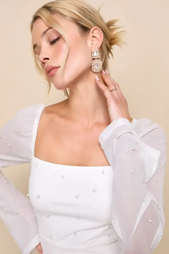 Flirty Luxury Ivory Mesh Pearl Long Sleeve Mini Dress