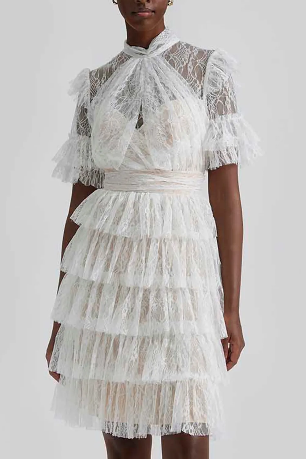 Ruffled Lace High Neck Mini Dress