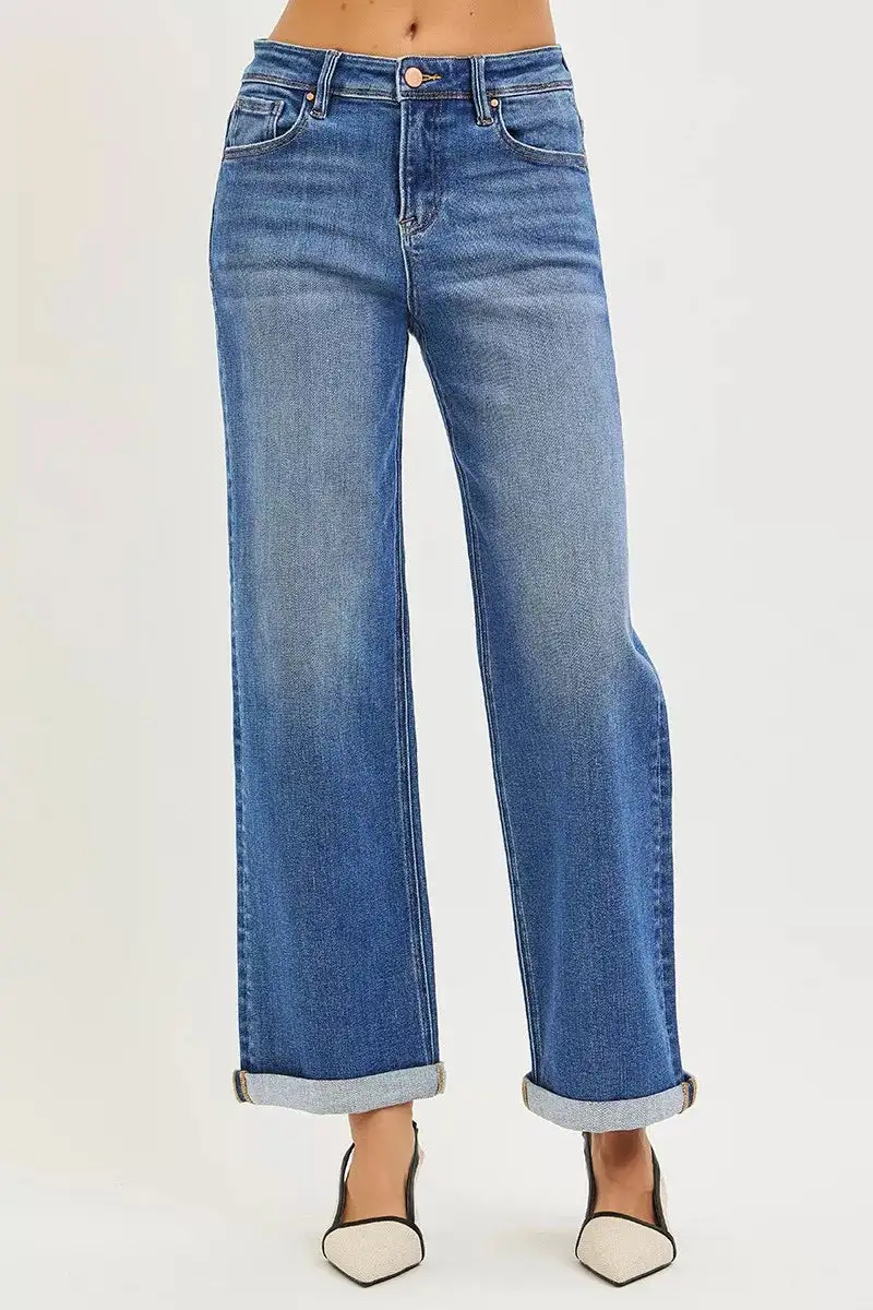 High-Rise Relaxed Washed Pocketed Straight Leg Jeans