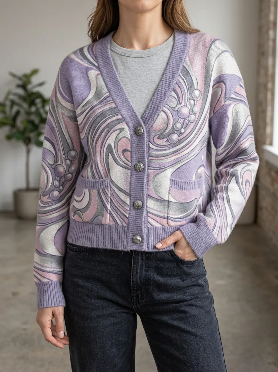 Women's Retro Swirl Pattern Purple Printed Cardigan