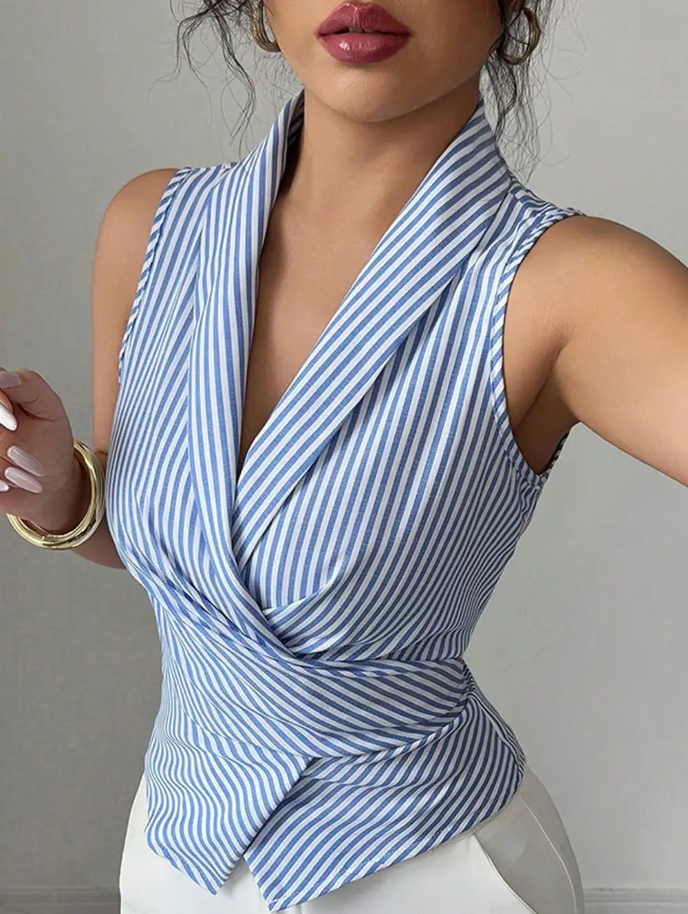 Stripe Sleeveless Tie Waist Shirt Top