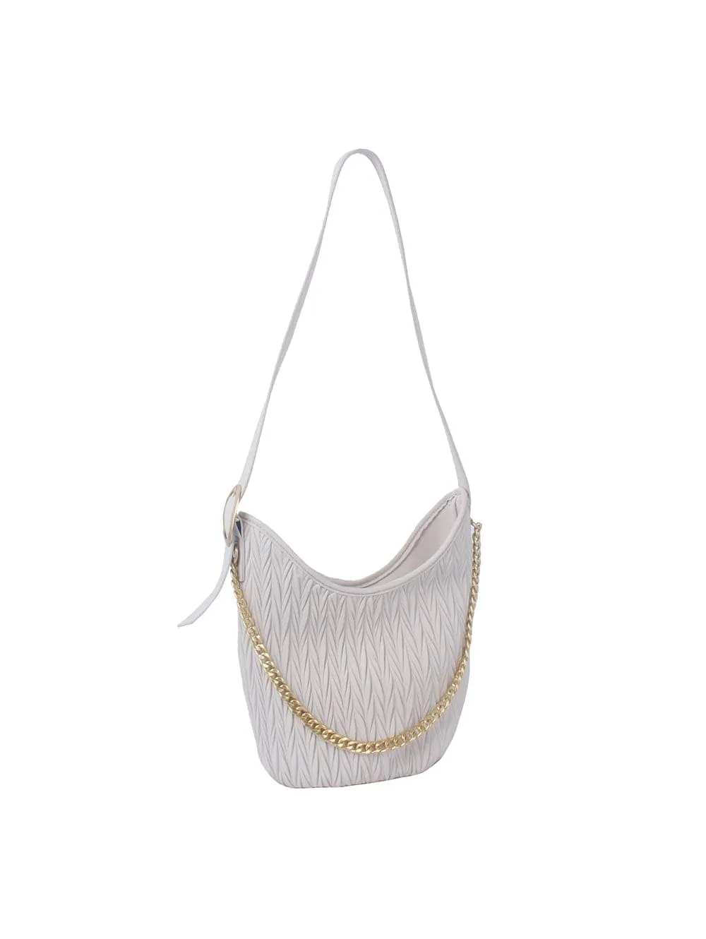 Relaxed Detail Embossed Chain Accent Pocketed Faux Leather Hobo Shoulder Bag