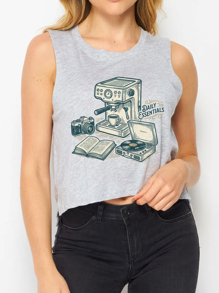 Women's Coffee Camera Book Vinyl Printed Crop Tank Top