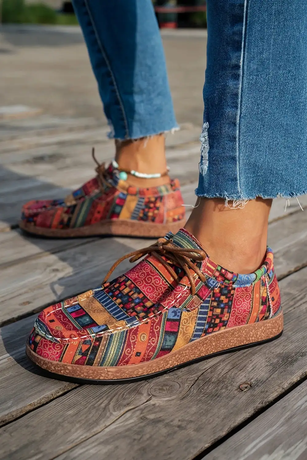 Western Print Faux Suede Lace-Up Slip-On Sneakers