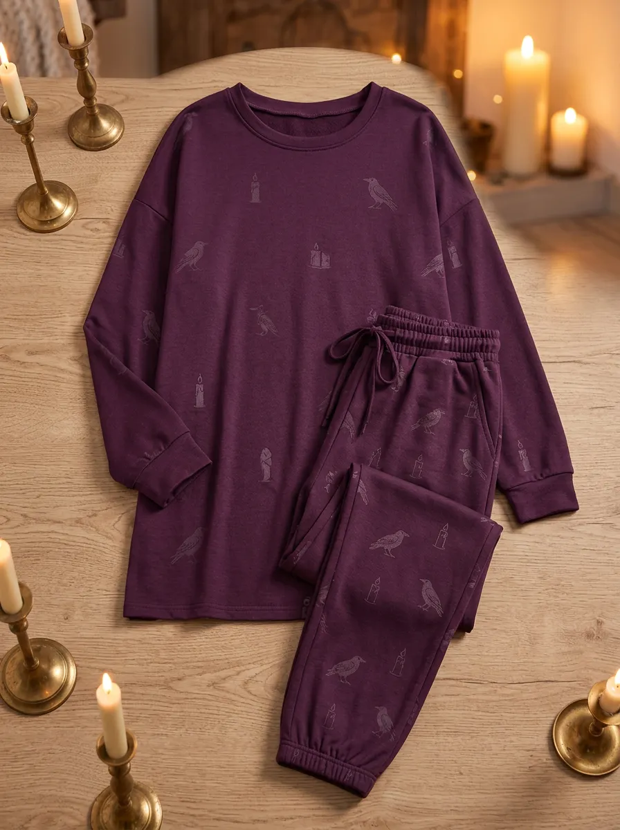 Women's Raven-Candle Knit-Look Lounge-Top & Lounge-Pants Two-Piece Set