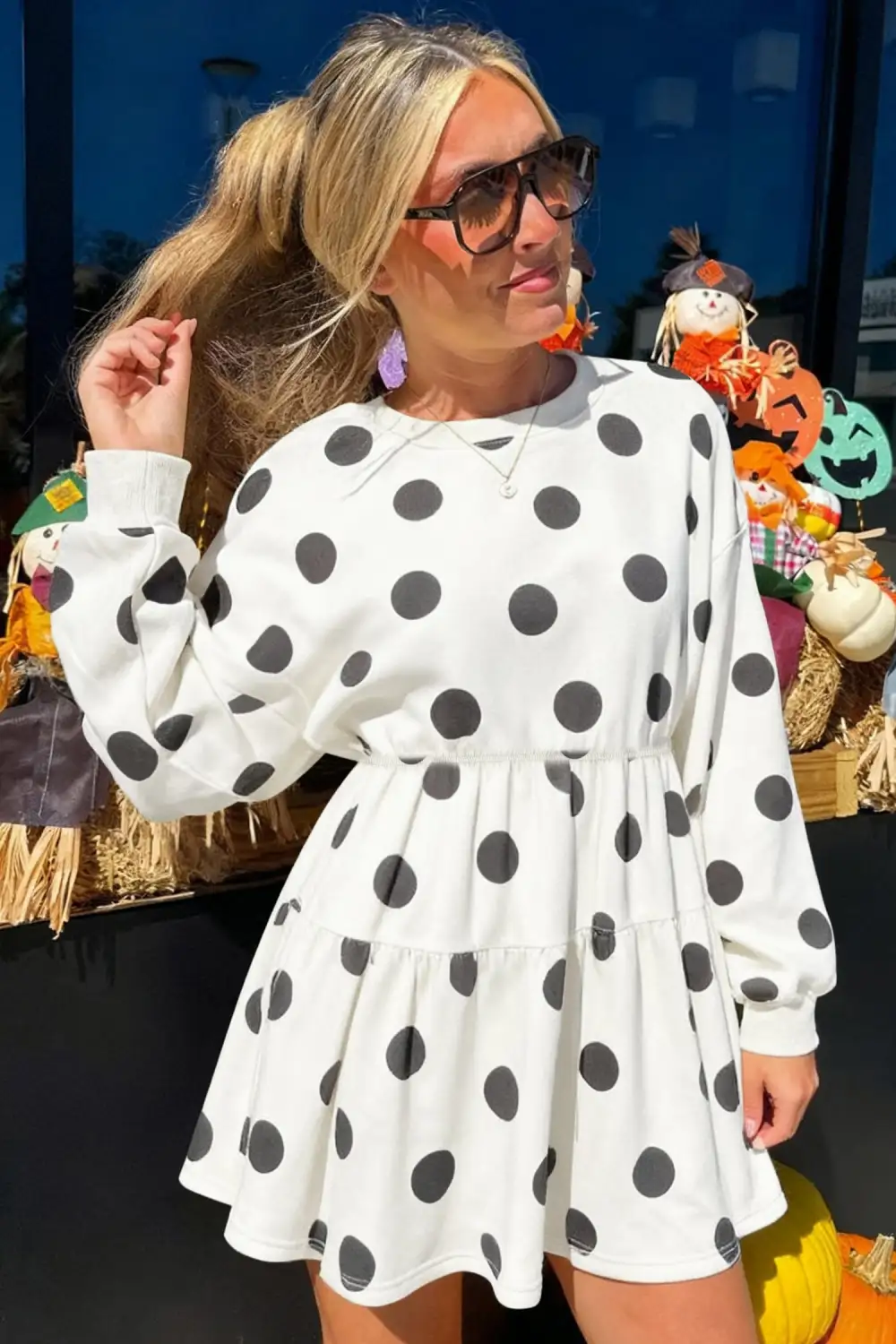 Polka Dot Printed Long Sleeve Mini Dress