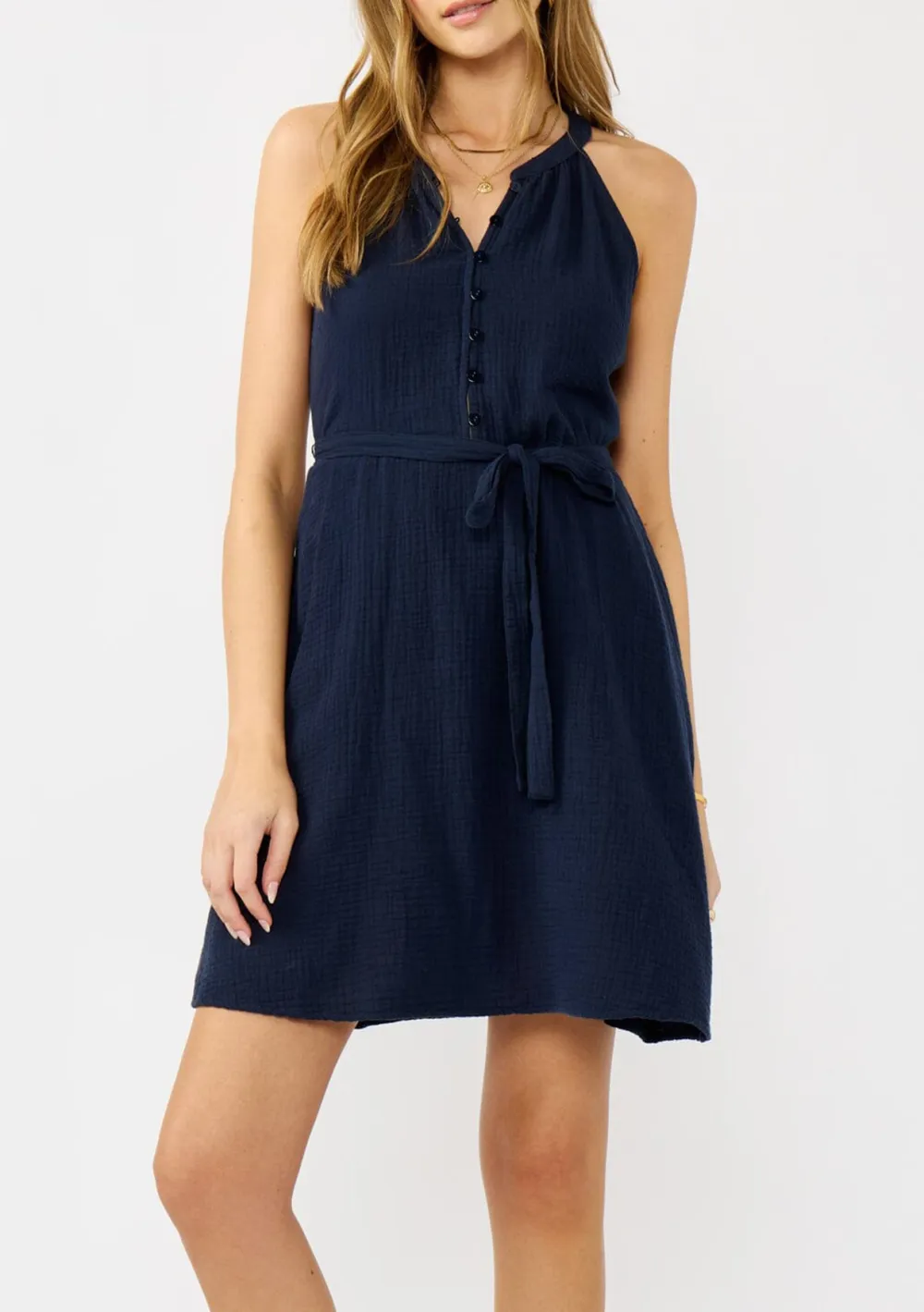 Tied Half Button Mini Dress