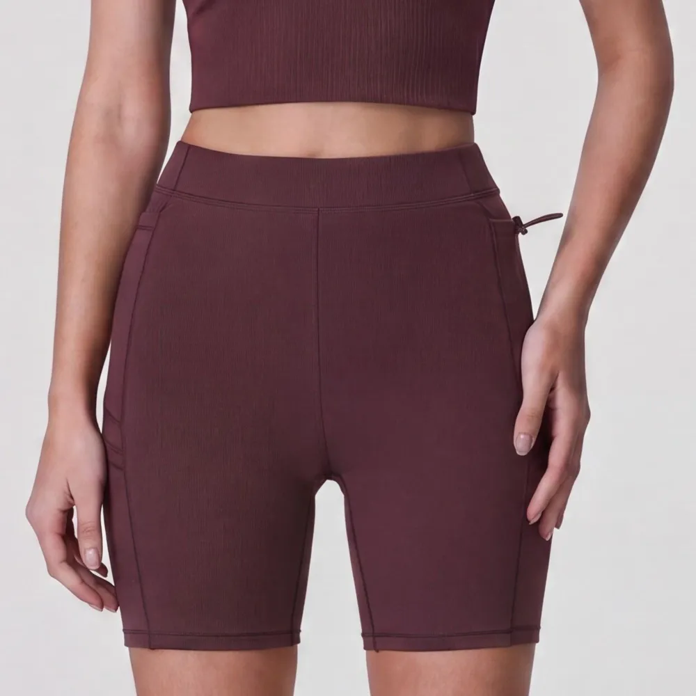 High-Waist Ribbed Side-Pocket Stretch Biker Shorts