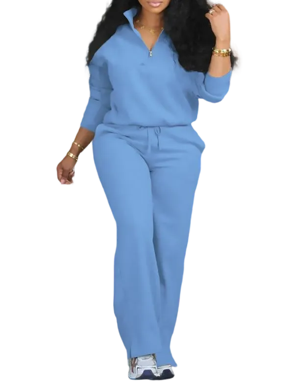 Women's Solid Half Placket Split Hem Pants Set