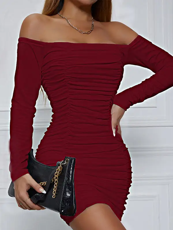 Bodycon Long Sleeve Elasticity Pleated Solid Color Off The Shoulder Mini