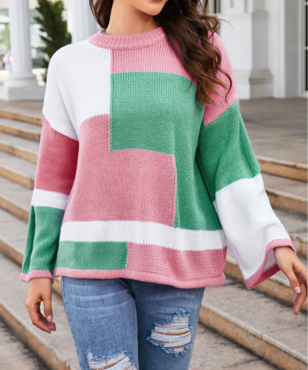 Color Block Drop Shoulder Bell Sleeve Sweater