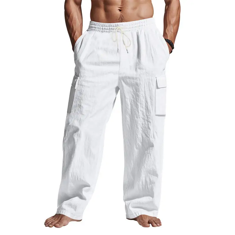 Men's Loose Linen Cargo Pants Waistband Pockets