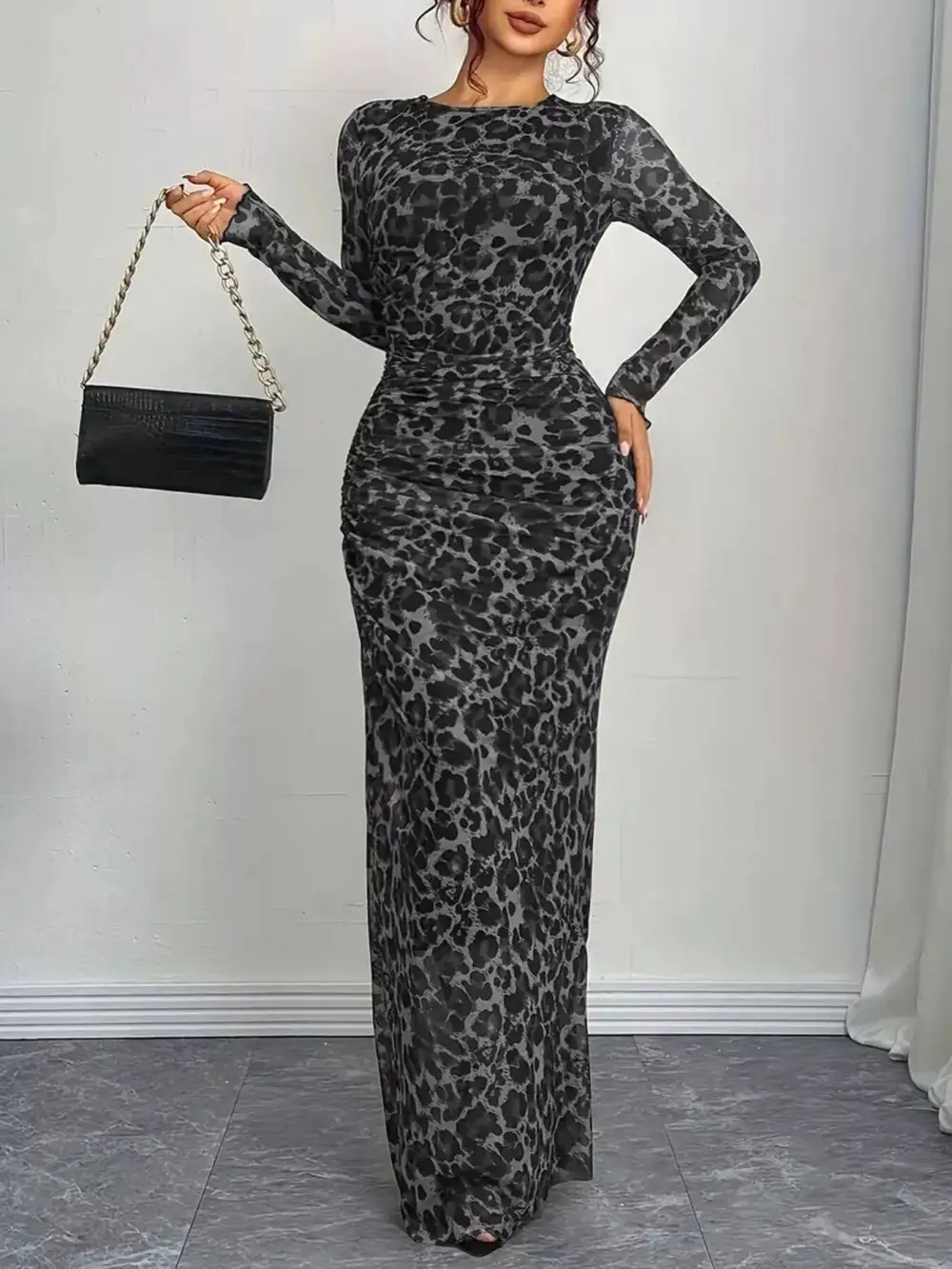 Animal Print Ruched Maxi Dress