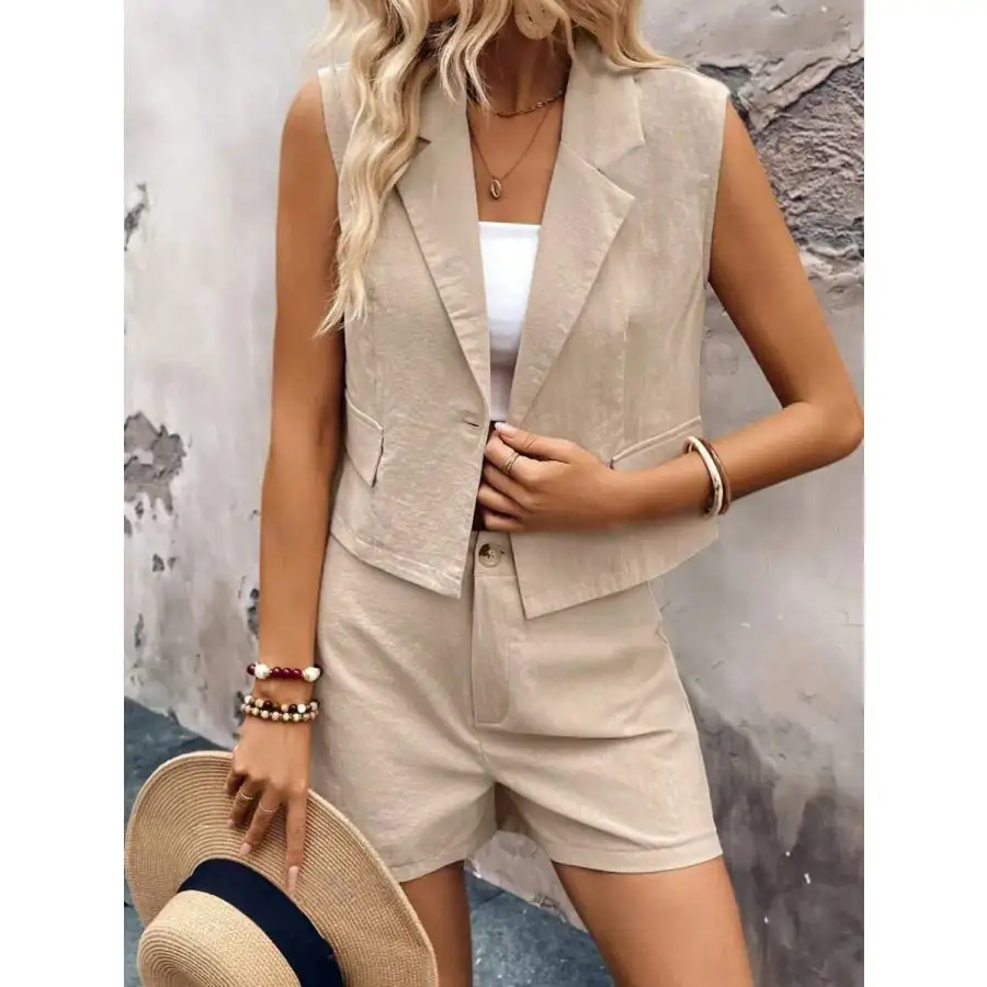 One Button Sleeveless Top and Shorts Set