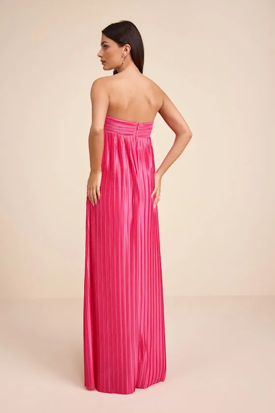 Whimsical Beauty Hot Pink Satin Plisse Strapless Maxi Dress