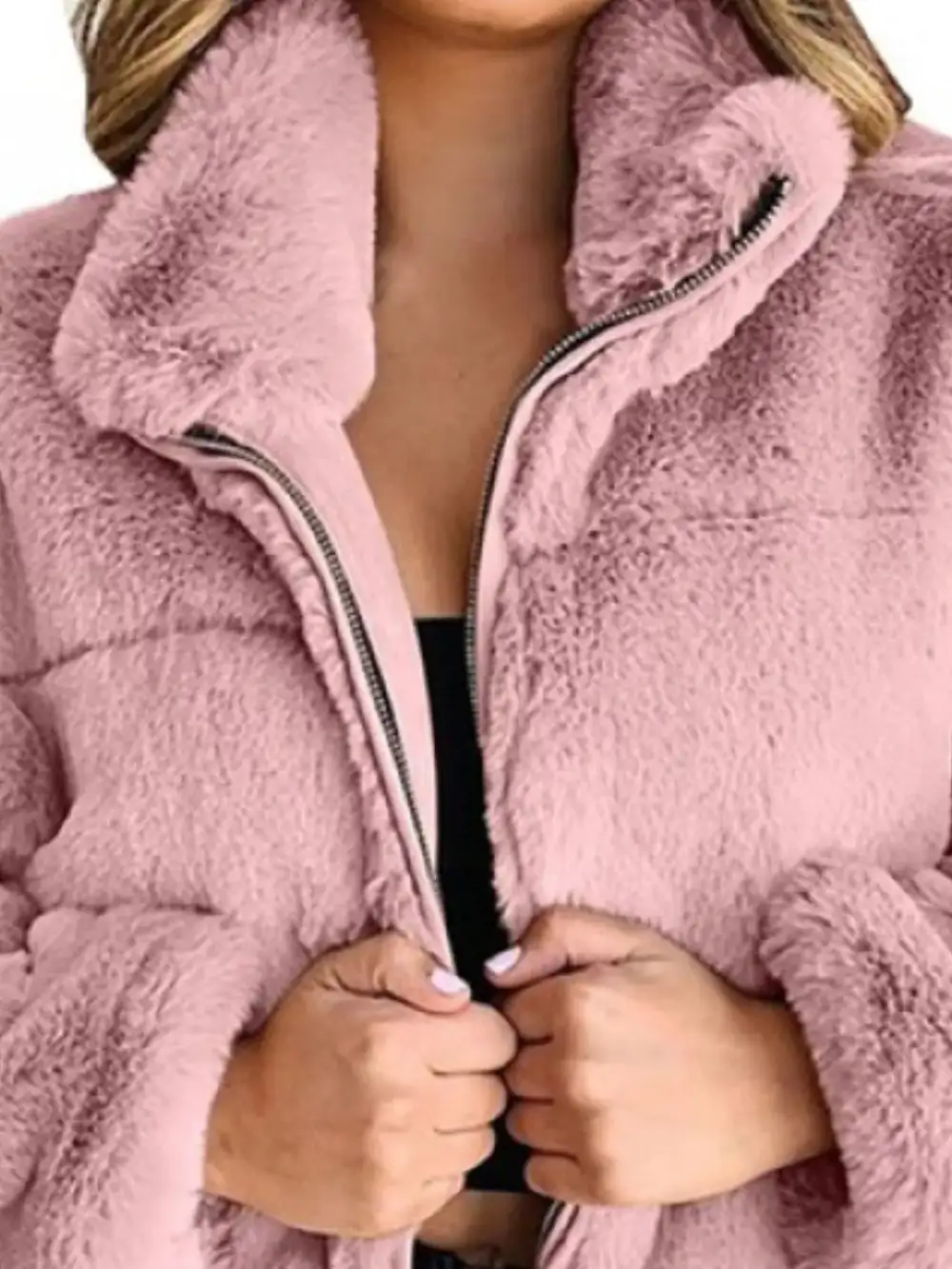 Full Size Faux Fur Cropped Zip-up Jacket Plus Size