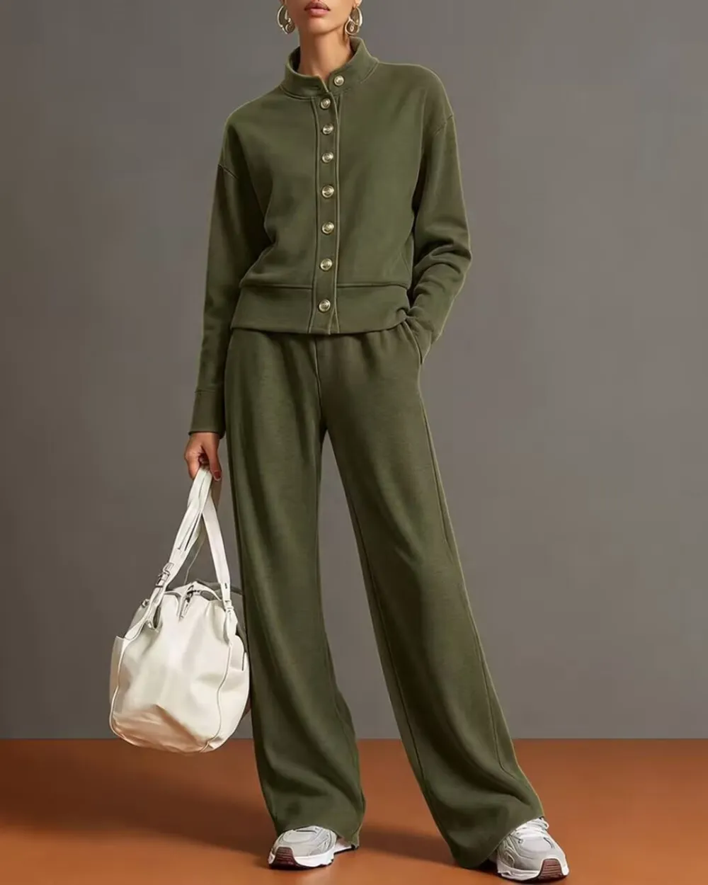 Button Cardigan and Wide-Leg Sweatpants Set