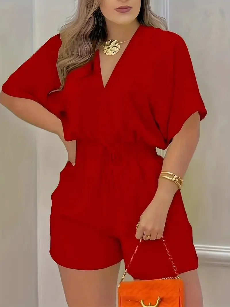 Women's Solid-Color V-Neck Jumpsuit with Drawstring Waist