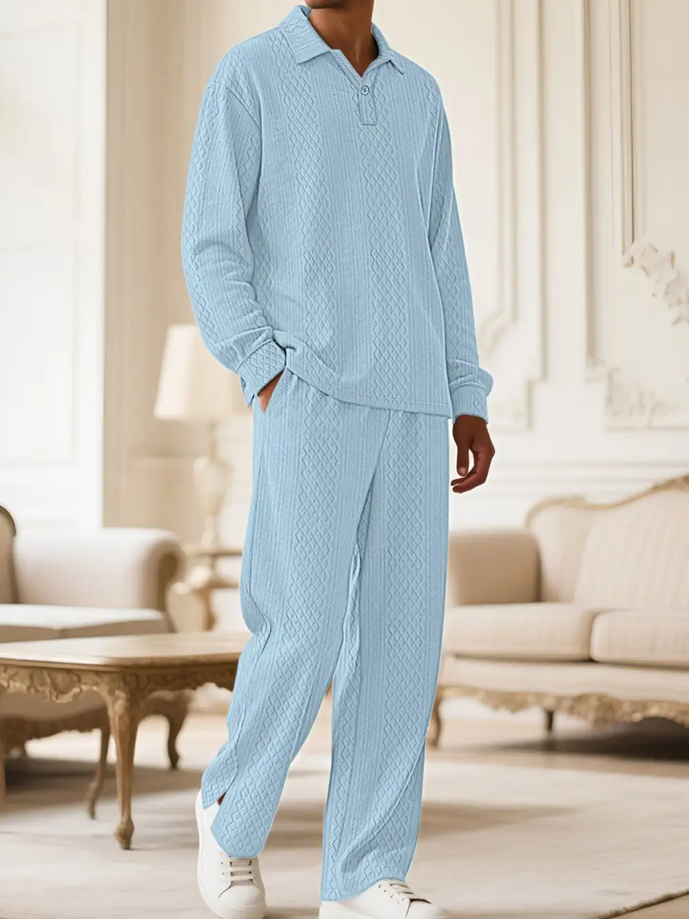 Men's Full Size Textured Long Sleeve Top and Pants Set
