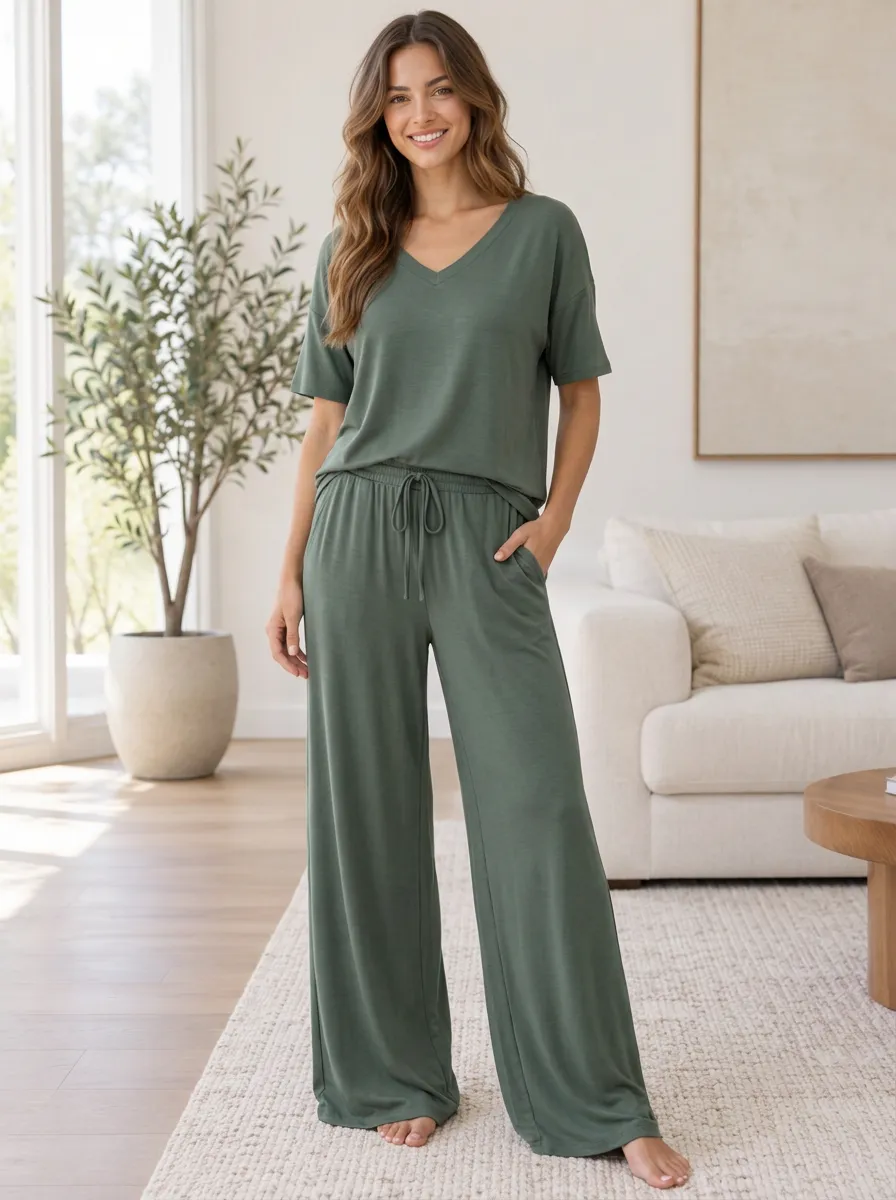 Casual Daily Women's V-Neck Wide Leg Loungewear Set