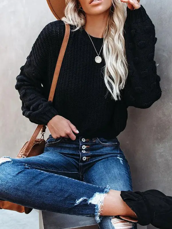 Openwork Round Neck Long Sleeve Relaxed Fit Pullover Sweater