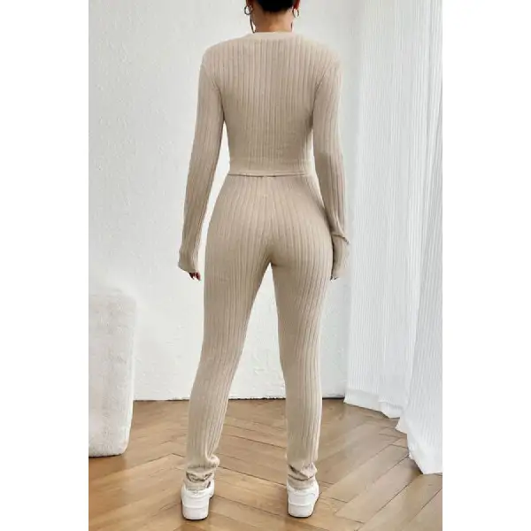 Ribbed V Neck Long Sleeve Cropped Top and Pants Set