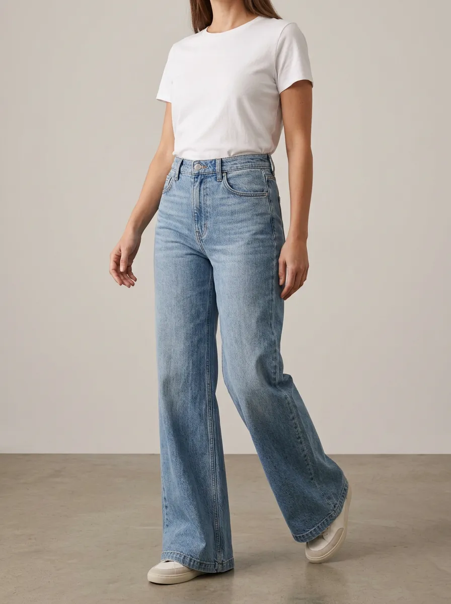 Contemporary-Look Wide-Leg Printed Washed Denim Jeans