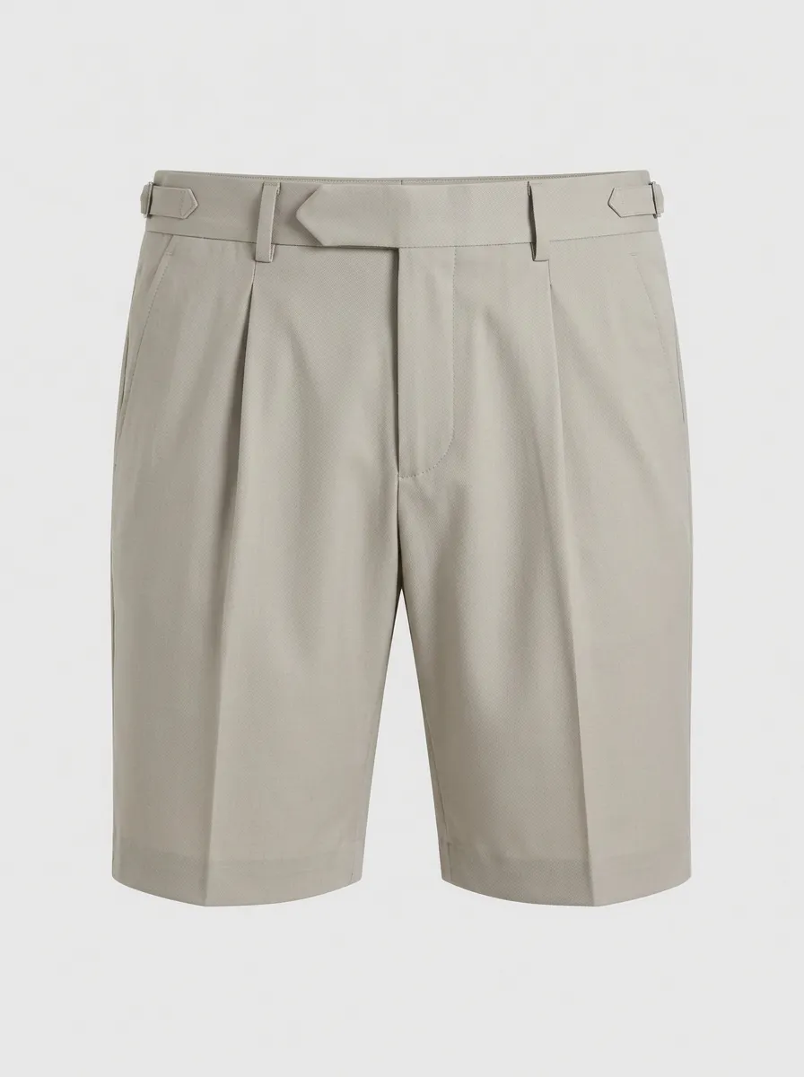 Men's Beige Pleated Side-Adjuster Tailored Shorts