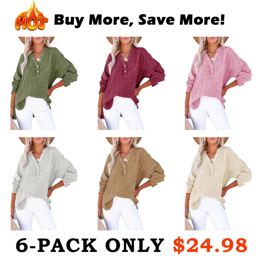 🔥Last Day 49% Offer-Women's Casual Button V Neck Long Sleeve Shirts Oversized Solid Blouses Tops 100% Cotton Boyfriend Style Loose Fit