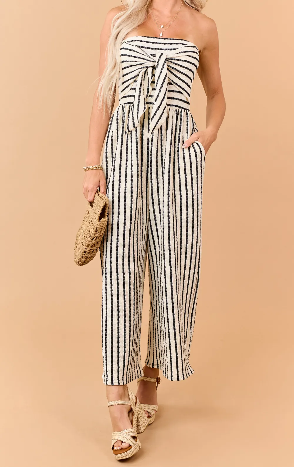 Cream And Striped Strapless Jumpsuit