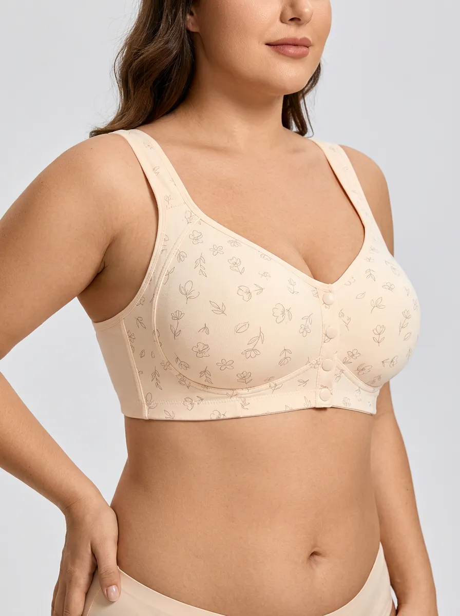 Women's Plus Size Beige Floral Outline Front-Closure Full-Coverage Wireless Bralette