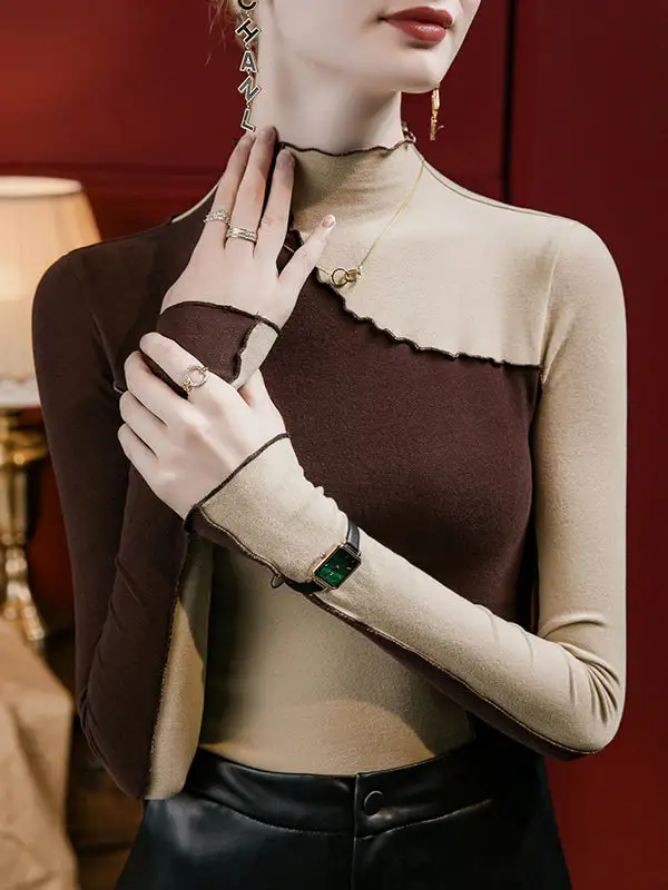 Long Sleeve Curve Fit Contrast Ruffle Trim Panel Detail Mock Neck T-Shirt
