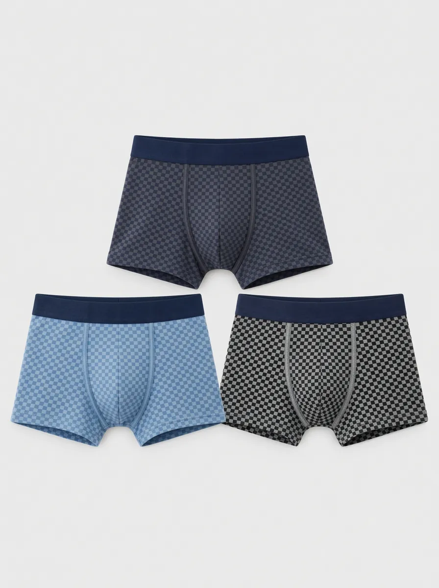 Men's Multicolor Checkered Pattern Supportive Pouch Boxer Briefs 3-Pack