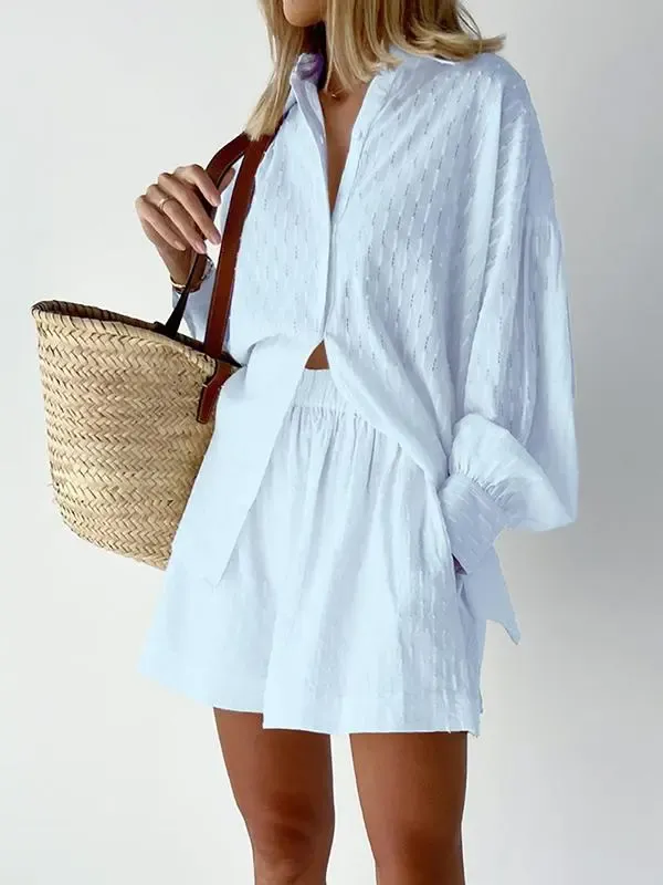 Jacquard Puff Sleeve Top Shorts Commuting Casual Suit