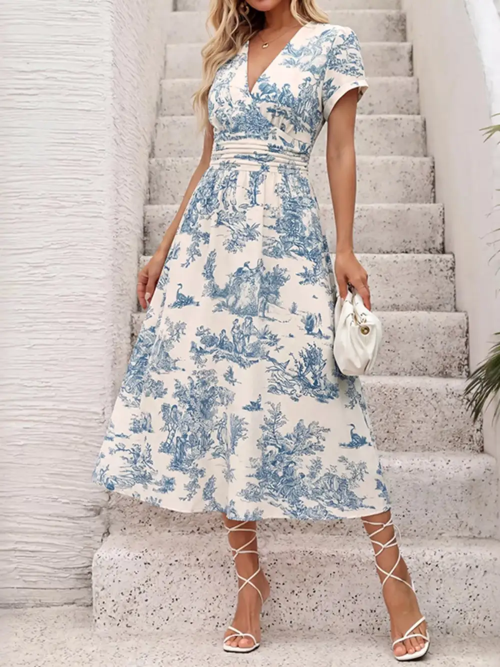 Printed Short Sleeve Midi Dress