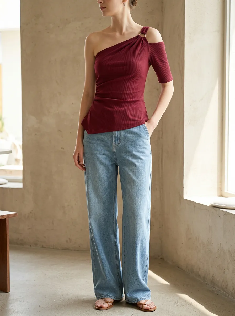 Women's Casual Fashion Burgundy One-Shoulder Ring Detail Ribbed Top