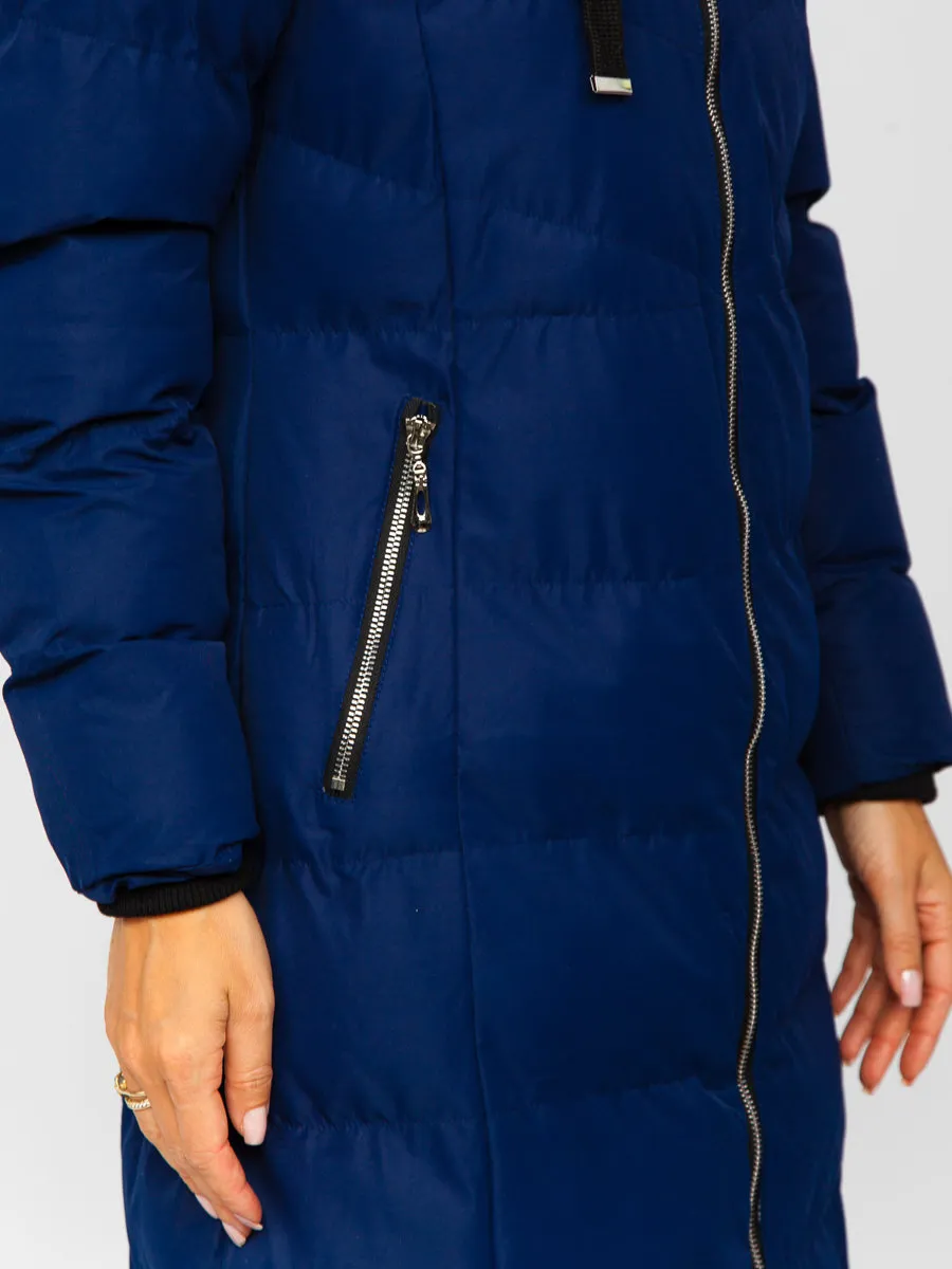 Dark blue women's long quilted winter jacket with hood