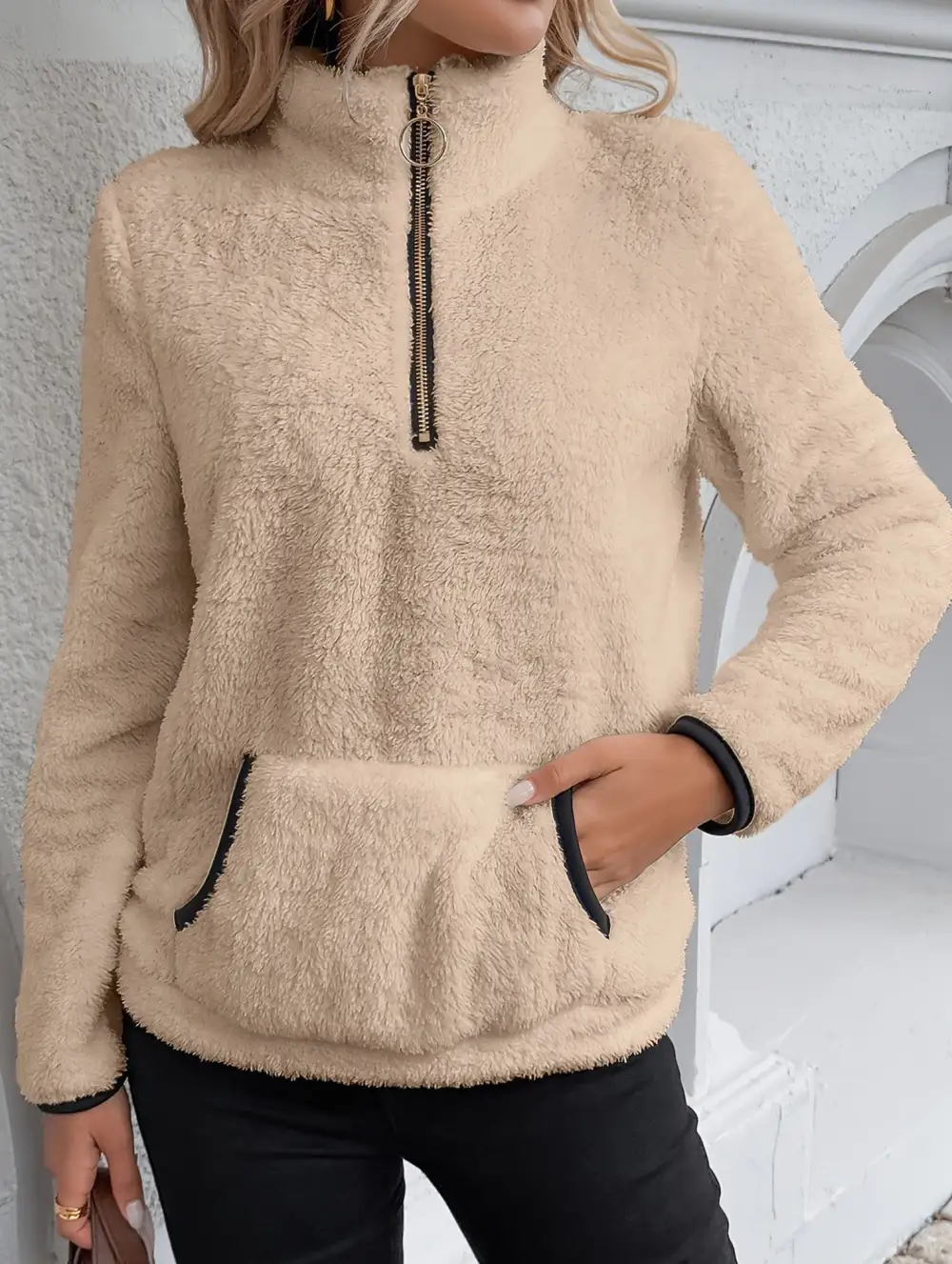 High Neck Zip Up Pocket Sweatshirt