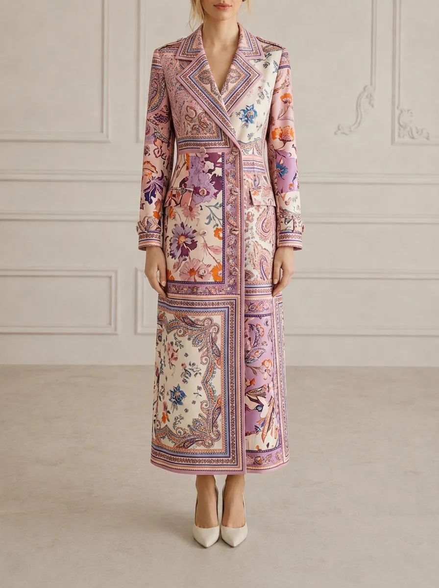Women's Vintage Floral Paisley Pattern Printed Long Coat