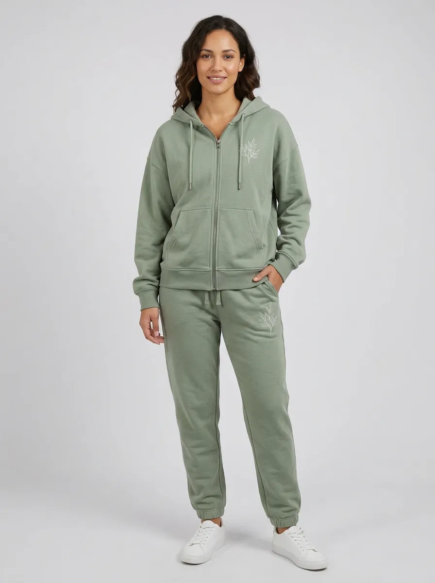 Women's Sage Green Drawstring Hood Relaxed Fit Zip-Up Hoodie Jacket & Jogger Set