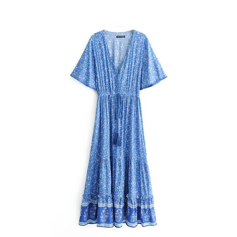 V-Neck Short Sleeve Boho Maxi Dress