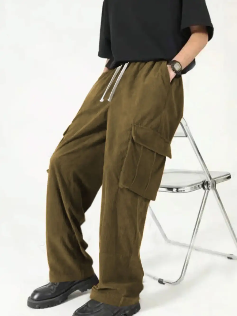 Men's Loose Wide Corduroy Cargo Pants Waistband Pockets