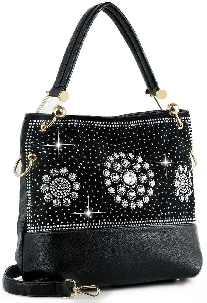 Studded Crystal Accent Pocketed Hobo Shoulder Bag