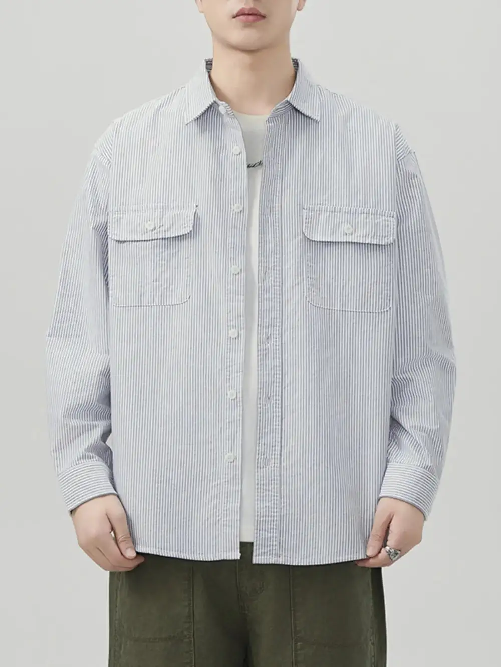 Tailored Long-Sleeve Striped Button-Up Shirt