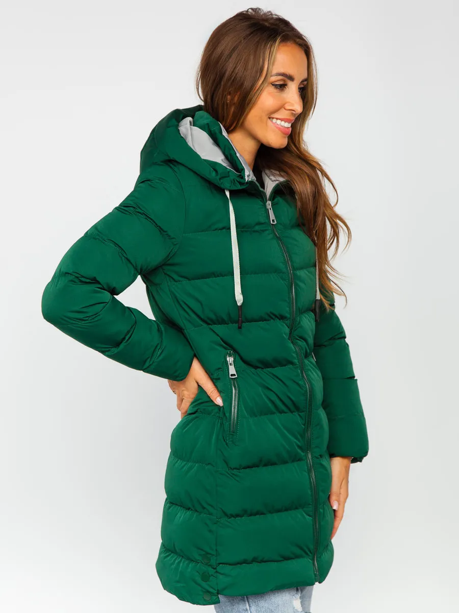 Green Women's Long Quilted Winter Jacket With Hood