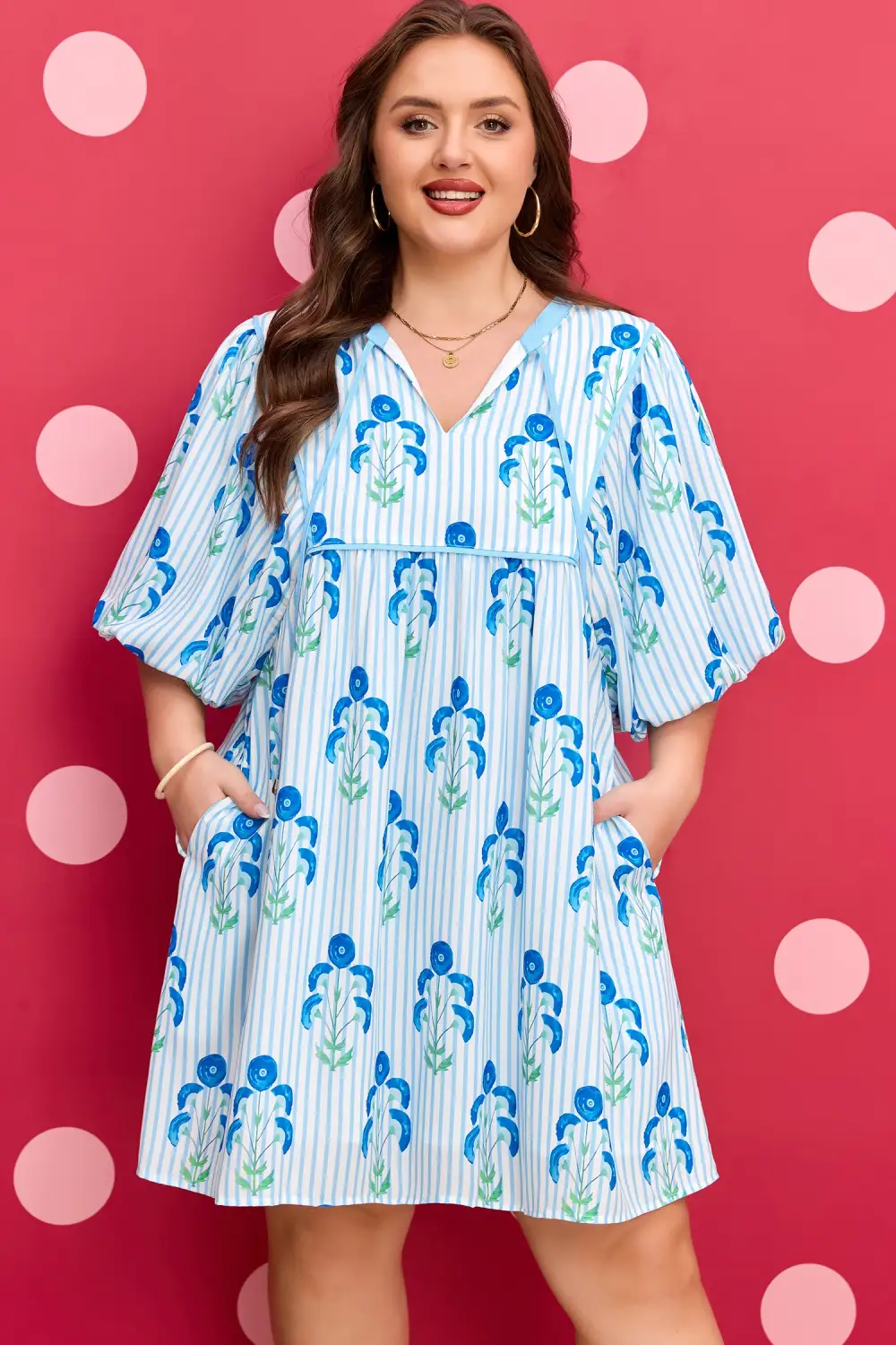 Floral Striped Short Sleeve Dress Casual