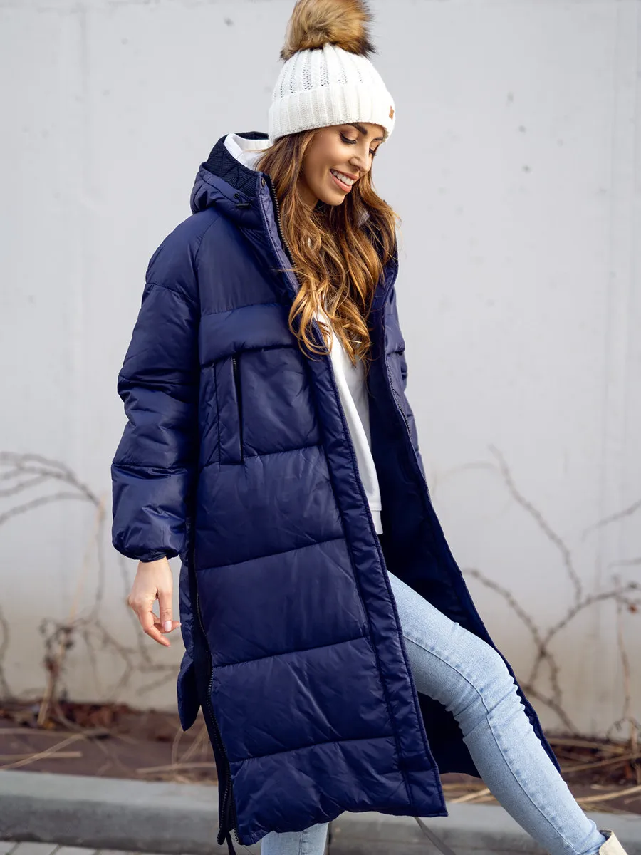 Dark blue women's long winter jacket with hood