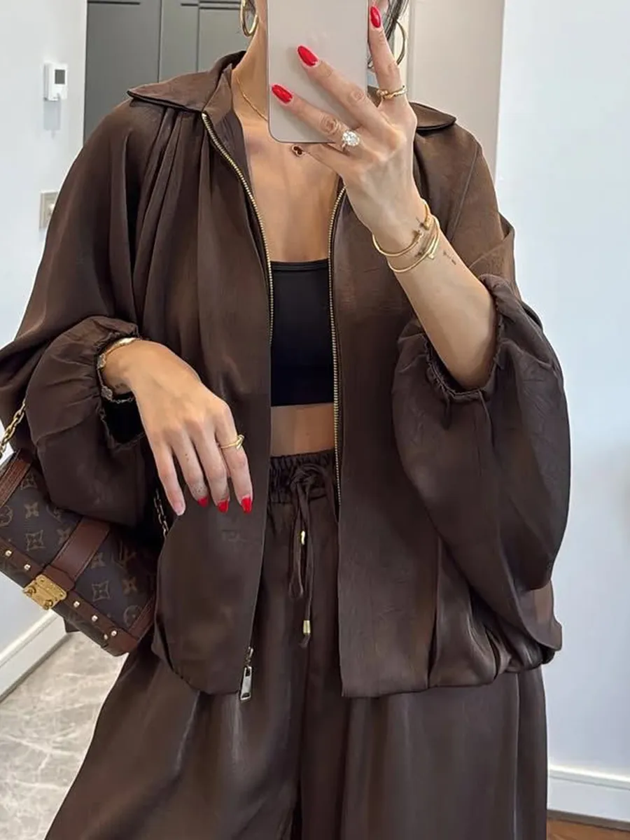 Women's solid color cross-section design casual zipper cardigan & pants set