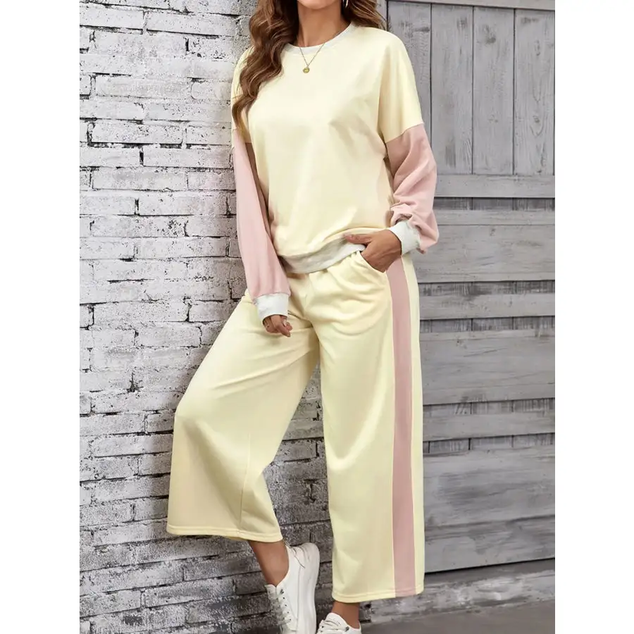 Block Round Neck Top and Pants Set